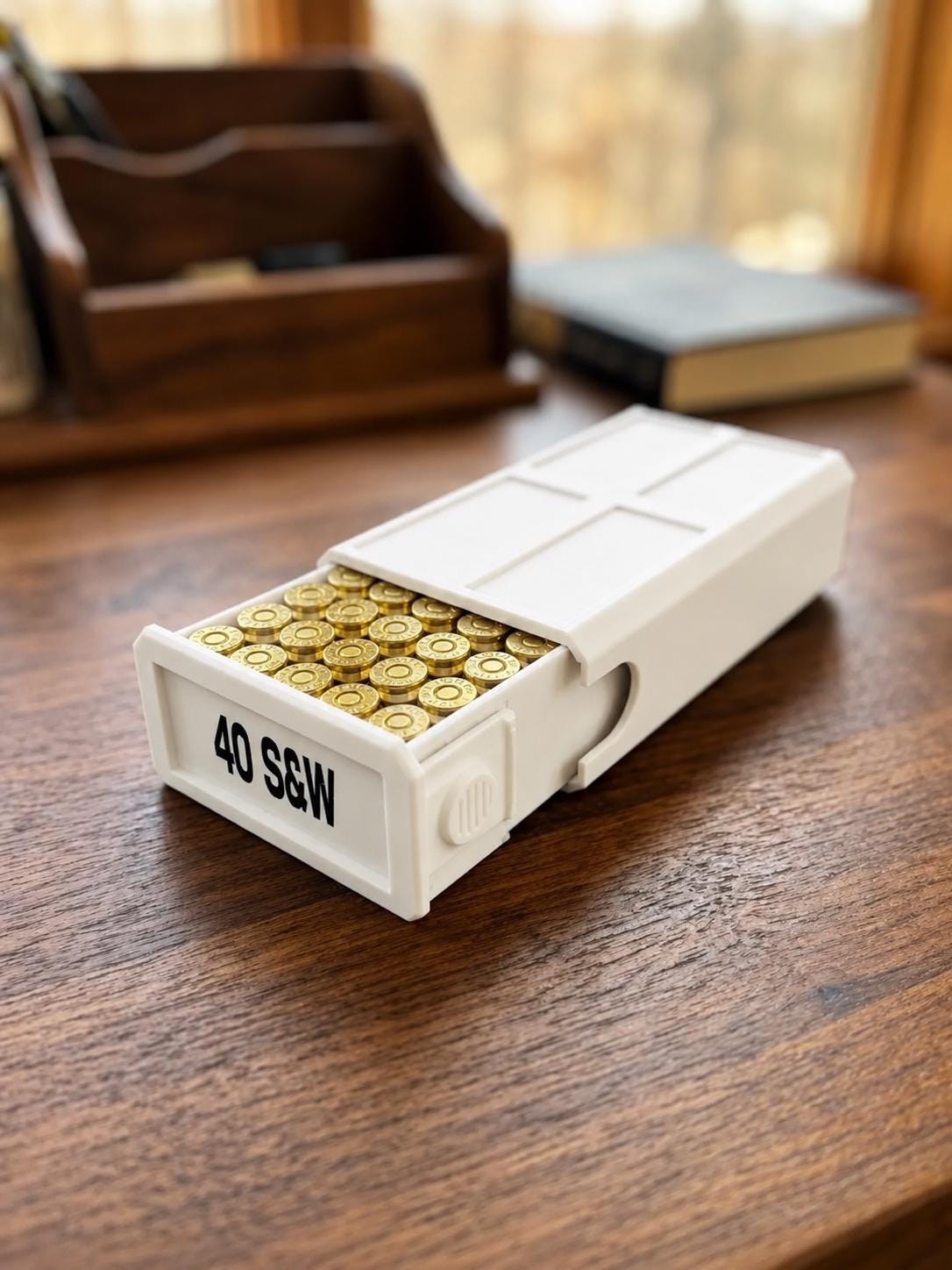 40 S&W Ammo Box – 50 Round Stackable Storage Case, Sliding Drawer Organizer
