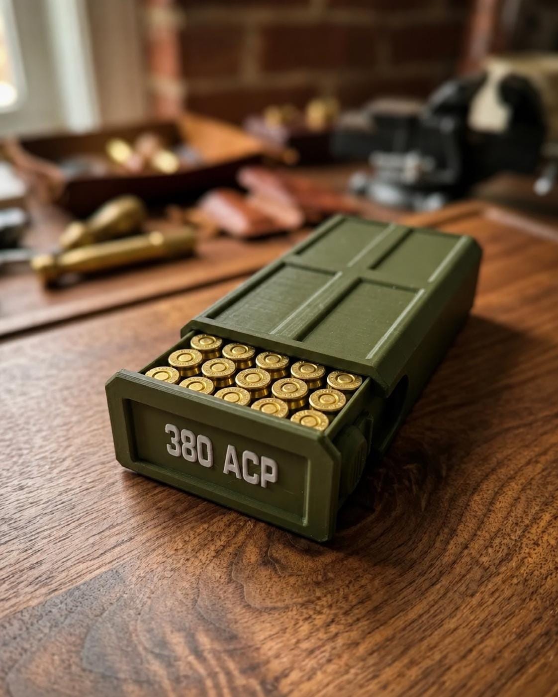 380 ACP Ammo Storage Box – 50 Round Stackable Case with Sliding Tray