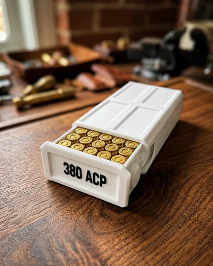380 ACP Ammo Storage Box – 50 Round Stackable Case with Sliding Tray
