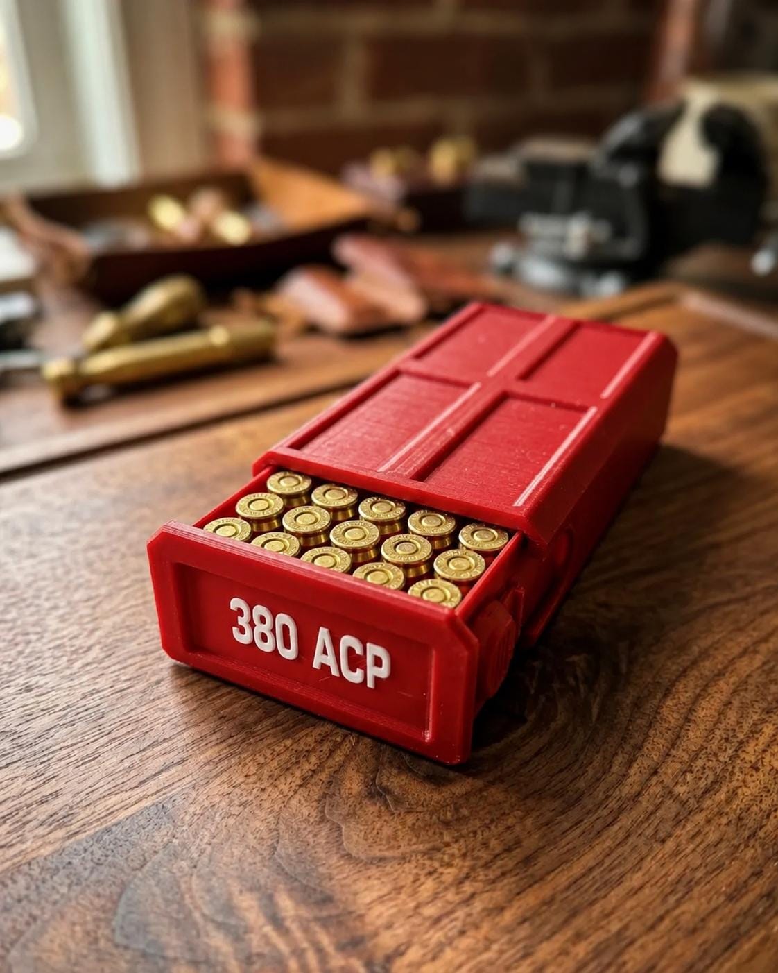380 ACP Ammo Storage Box – 50 Round Stackable Case with Sliding Tray