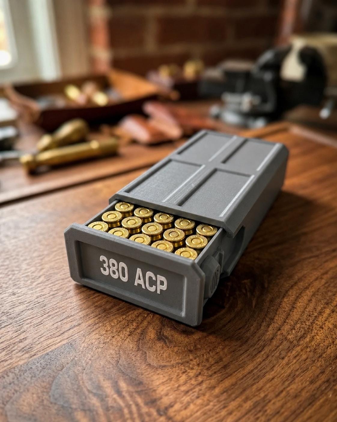 380 ACP Ammo Storage Box – 50 Round Stackable Case with Sliding Tray