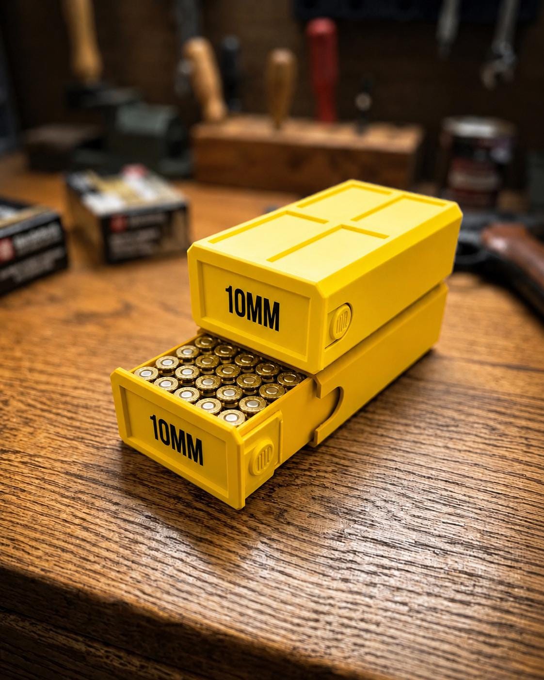 10MM Ammo Storage Box – 50 Round Stackable Case, Secure Latches, Personalized Colors