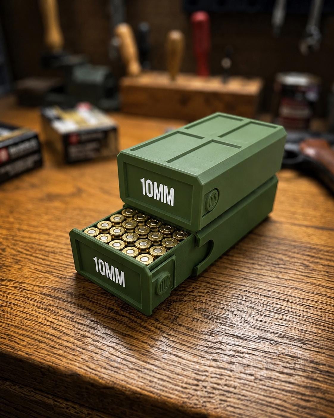 10MM Ammo Storage Box – 50 Round Stackable Case, Secure Latches, Personalized Colors
