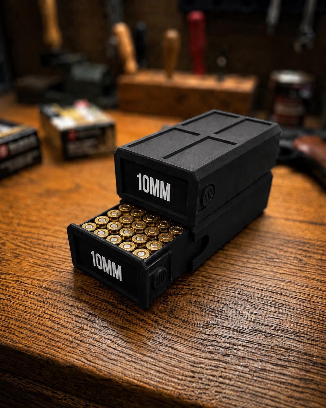 10MM Ammo Storage Box – 50 Round Stackable Case, Secure Latches, Personalized Colors