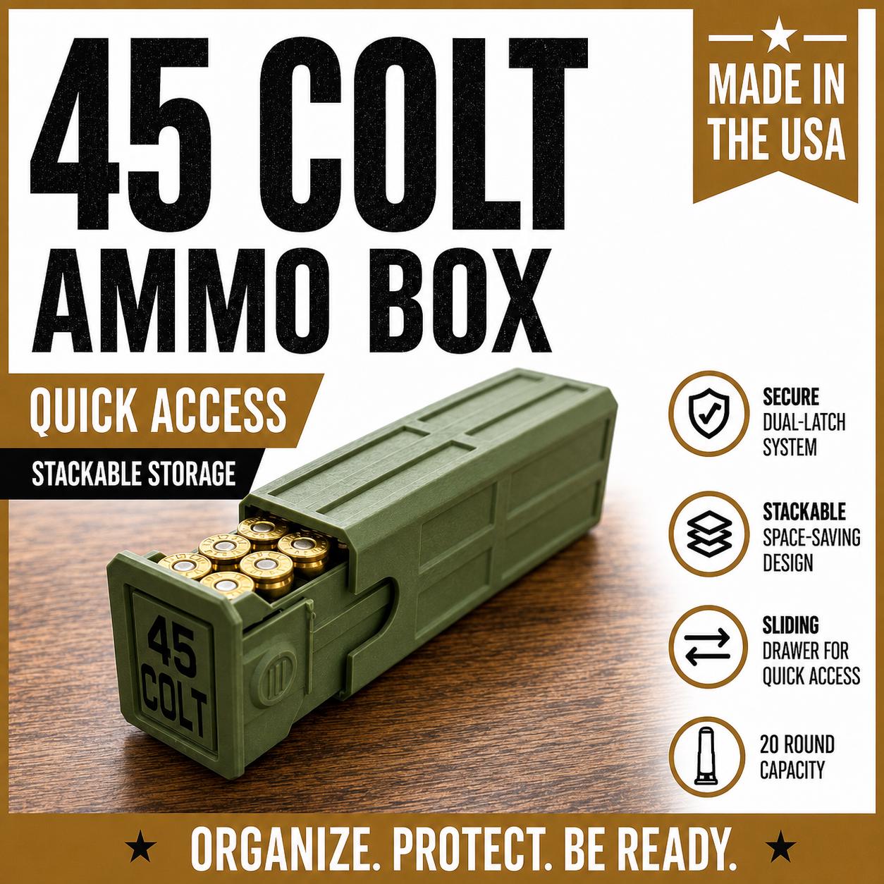 45 Colt Ammo Box – 20 Round Capacity – Stackable Sliding Drawer Ammunition Storage Case