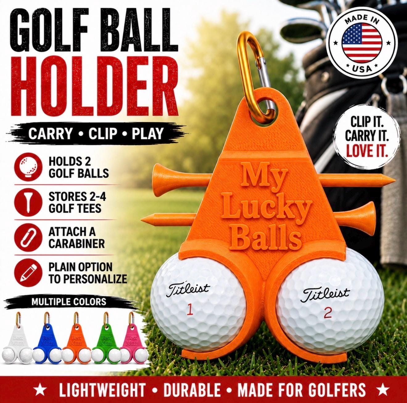 Golf Ball Holder Keychain, Custom Golf Gift, Holds 2 Balls & 2–4 Tees, Carabiner Golf Bag Accessory, Personalized Option