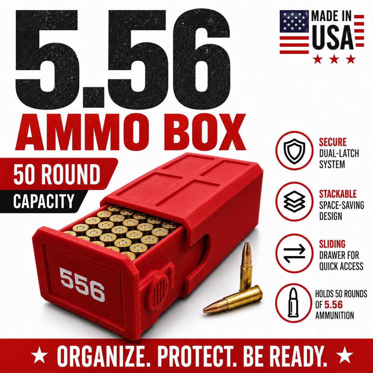 5.56 Ammo Box – 50 Round Stackable Ammunition Storage Case – Sliding Drawer with Dual Latches
