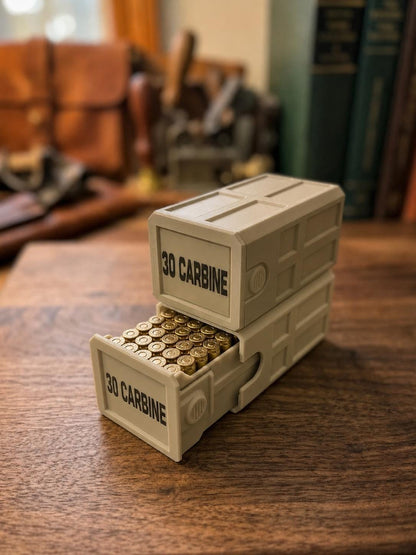 30 Carbine 50 Round Ammo Box – Stackable, Dual Latch, Storage Case, Custom Colors