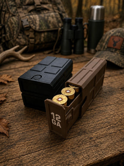 12 Gauge Hunting Ammo Box – 5 Round Shotgun Shell Holder, Stackable Storage Case. Custom Colors.