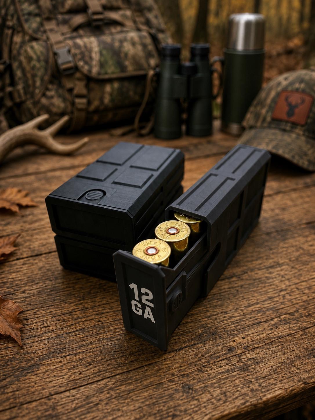 12 Gauge Hunting Ammo Box – 5 Round Shotgun Shell Holder, Stackable Storage Case. Custom Colors.
