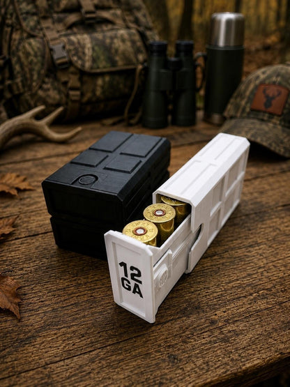 12 Gauge Hunting Ammo Box – 5 Round Shotgun Shell Holder, Stackable Storage Case. Custom Colors.