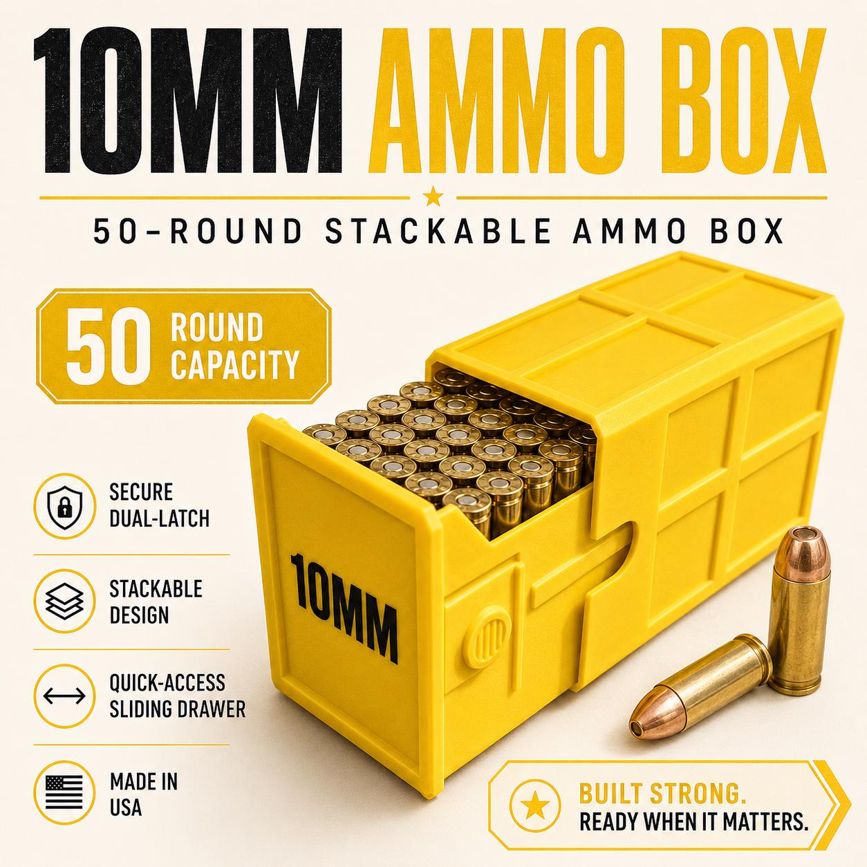 10MM Ammo Storage Box – 50 Round Stackable Case, Secure Latches, Personalized Colors