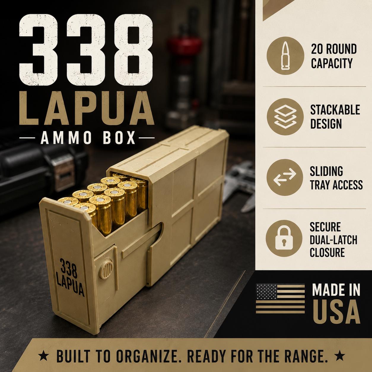 338 Lapua Ammo Box – 20 Round Stackable Storage Case (Made in USA)