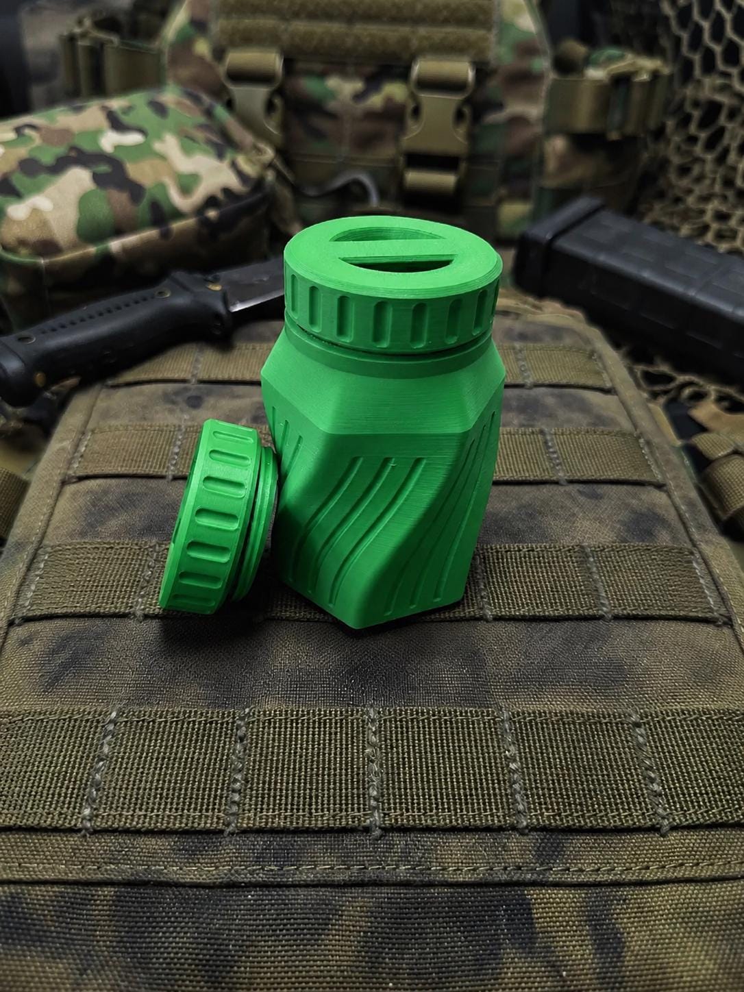 Rugged Twisted Storage Container, Tactical Screw Top Utility Capsule, EDC Gear Container with Lanyard Hole. Gift for outdoor hunter dad