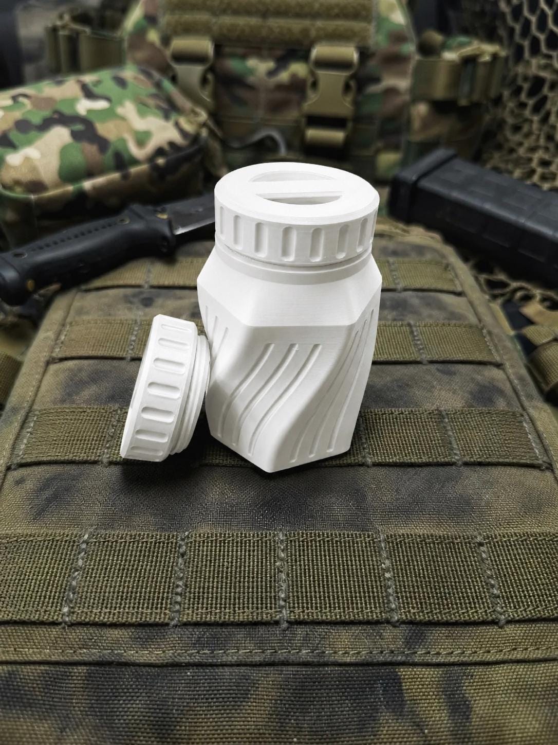 Rugged Twisted Storage Container, Tactical Screw Top Utility Capsule, EDC Gear Container with Lanyard Hole. Gift for outdoor hunter dad