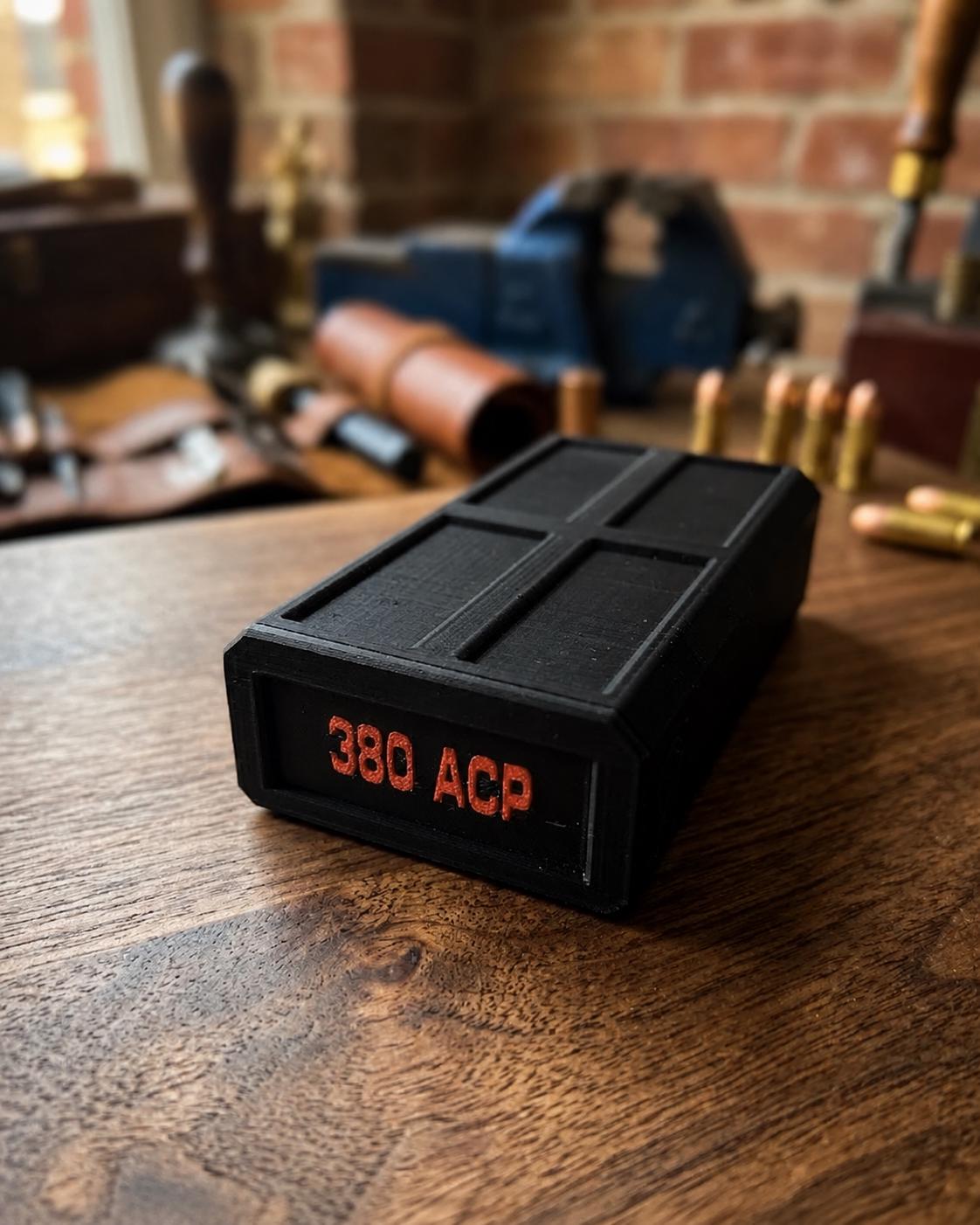 380 ACP Ammo Storage Box – 50 Round Stackable Case with Sliding Tray