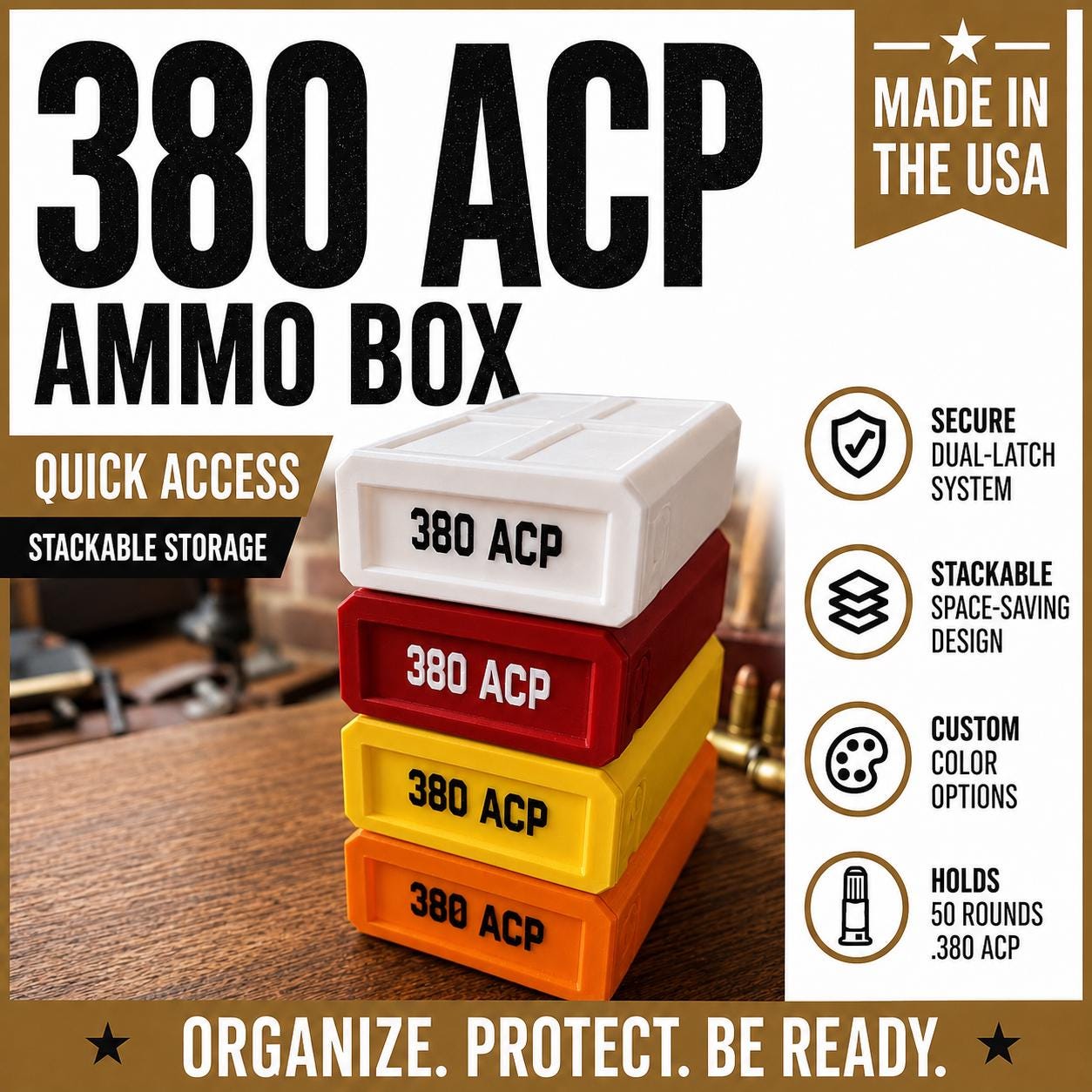380 ACP Ammo Storage Box – 50 Round Stackable Case with Sliding Tray