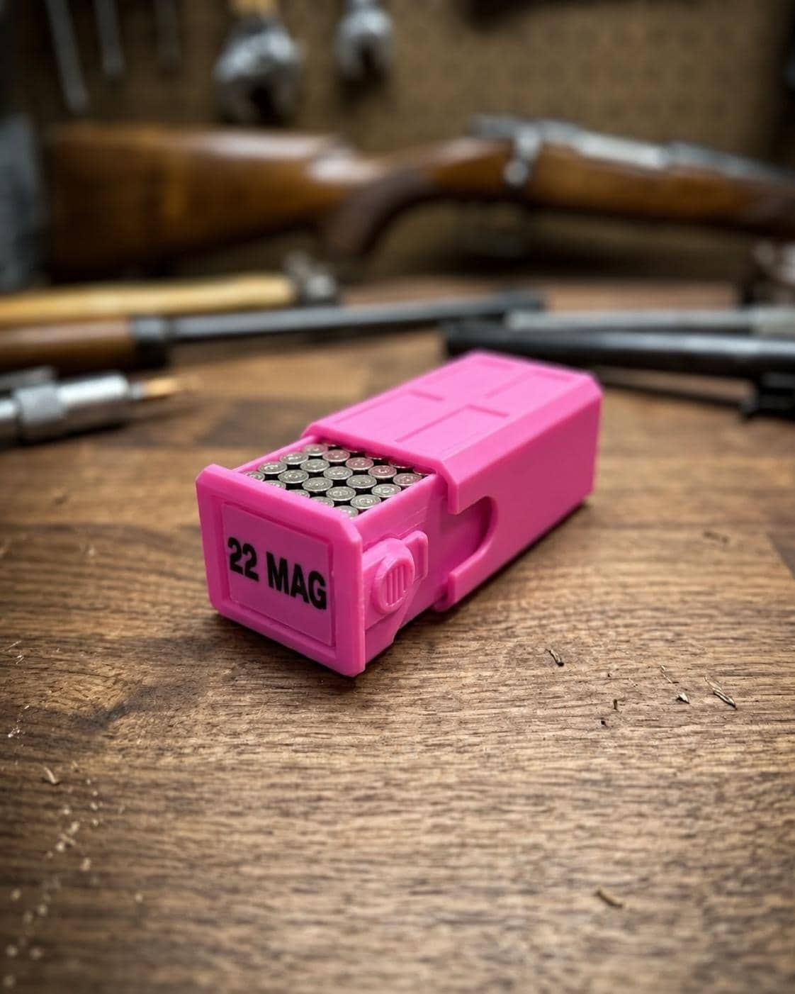 22 Magnum Ammo Box – 50 Round Stackable Storage Case with Sliding Drawer, Dual Latches.