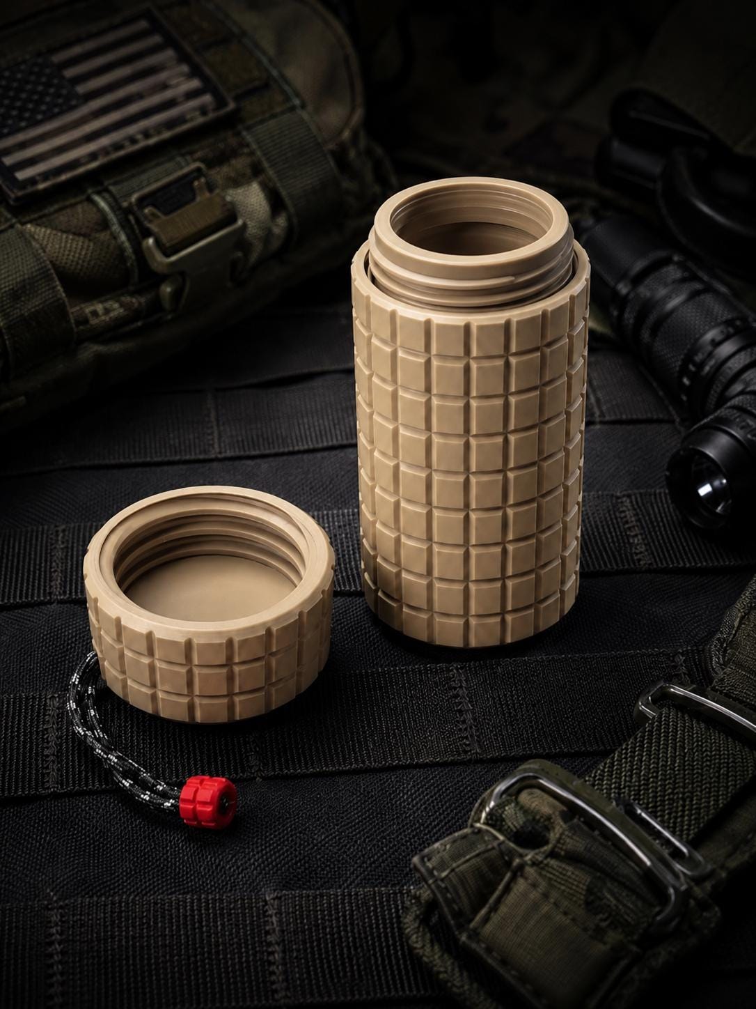Rugged Frag Texture Storage Container, Tactical Screw Top Utility Capsule, EDC Gear Container with Lanyard Hole. Gift for outdoor hunter dad