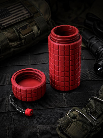 Rugged Frag Texture Storage Container, Tactical Screw Top Utility Capsule, EDC Gear Container with Lanyard Hole. Gift for outdoor hunter dad