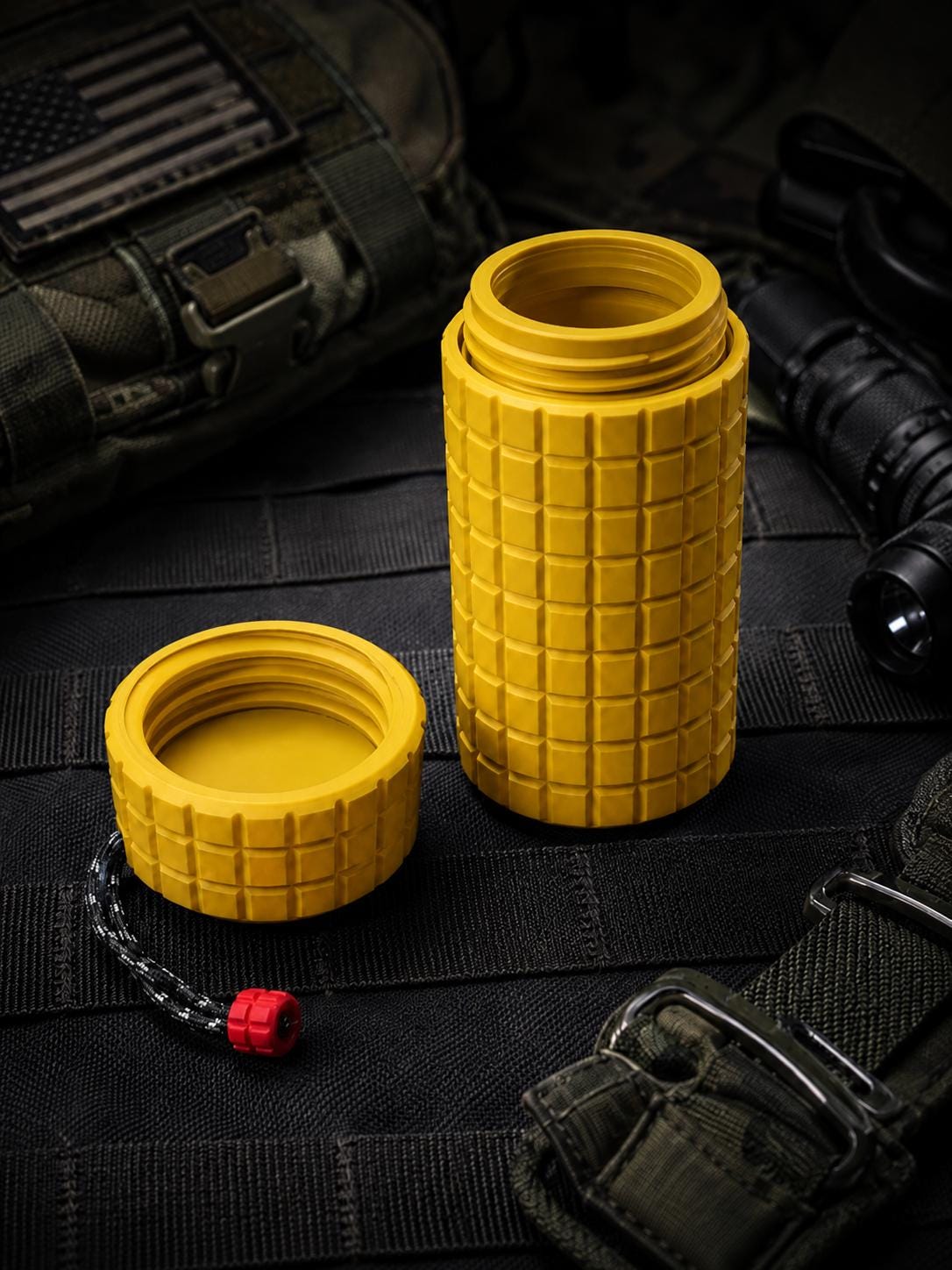 Rugged Frag Texture Storage Container, Tactical Screw Top Utility Capsule, EDC Gear Container with Lanyard Hole. Gift for outdoor hunter dad