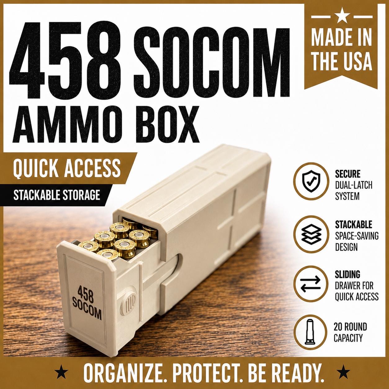 458 SOCOM Ammo Box – Empty 20 Round 3D Printed Ammunition Storage Case, Stackable Sliding Range Box, Secure Dual Latch Holder