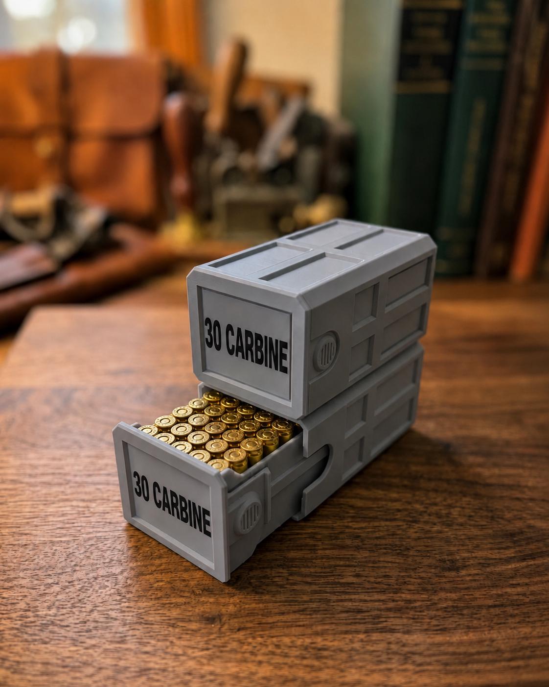 30 Carbine 50 Round Ammo Box – Stackable, Dual Latch, Storage Case, Custom Colors