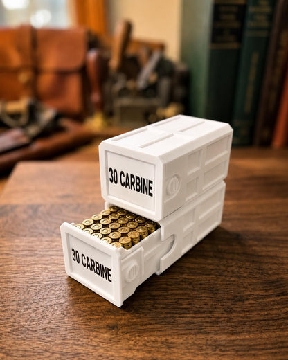 30 Carbine 50 Round Ammo Box – Stackable, Dual Latch, Storage Case, Custom Colors