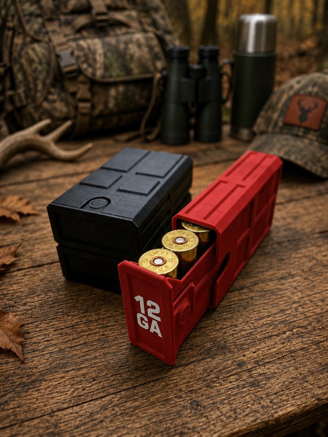 12 Gauge Hunting Ammo Box – 5 Round Shotgun Shell Holder, Stackable Storage Case. Custom Colors.